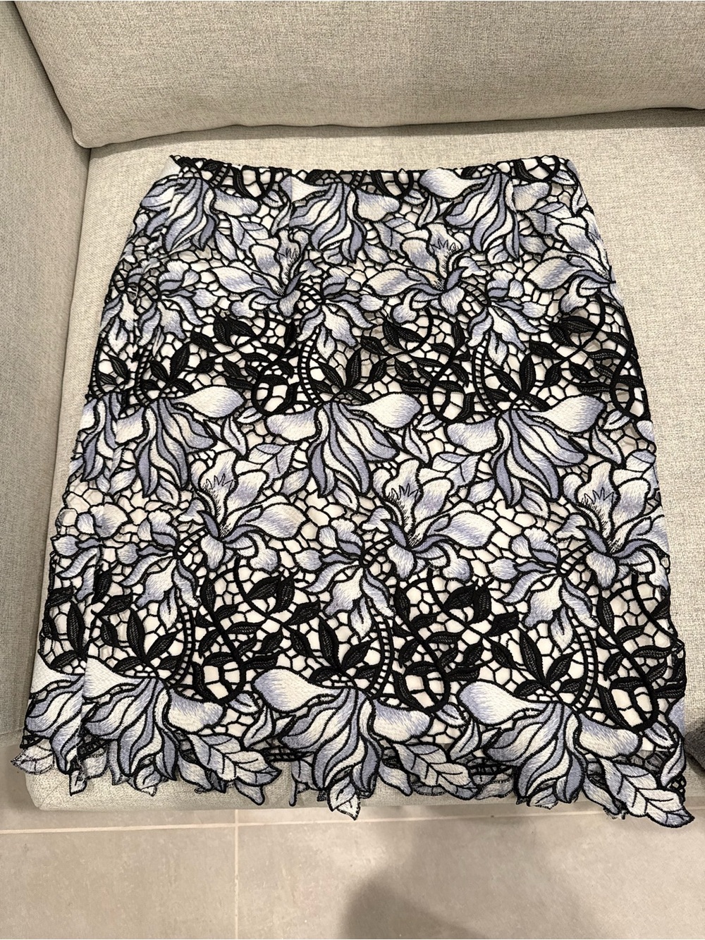 ANTONIO MELANI Black Lace Pencil Skirt with Light Blue Floral Detail